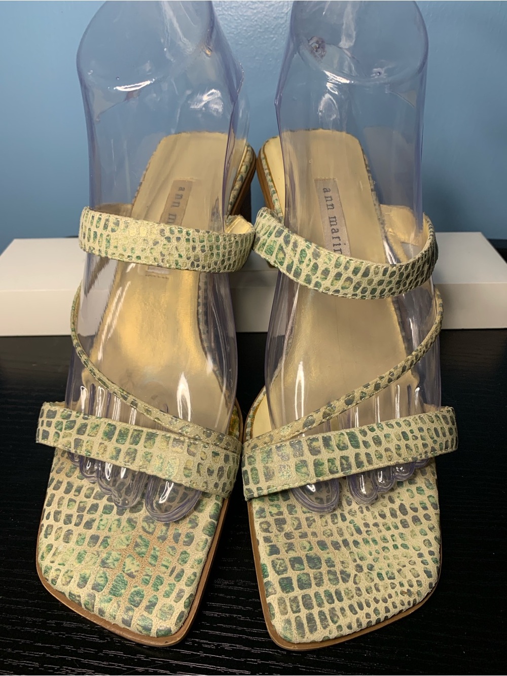 Ann Marino Green  and beige Croc-Embossed Strappy Heels
